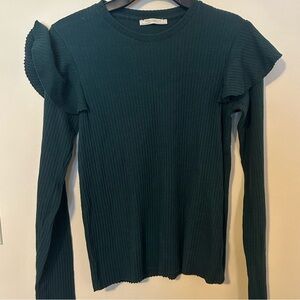 Zara Forest Green Ribbed Blouse with Ruffle Sleeves